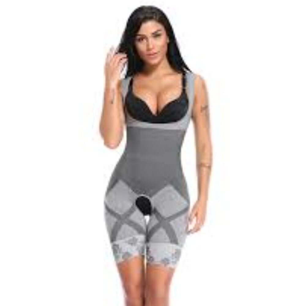 High-Waist Gray Shaping Bodysuit with Lace Thighs - Women Intimates